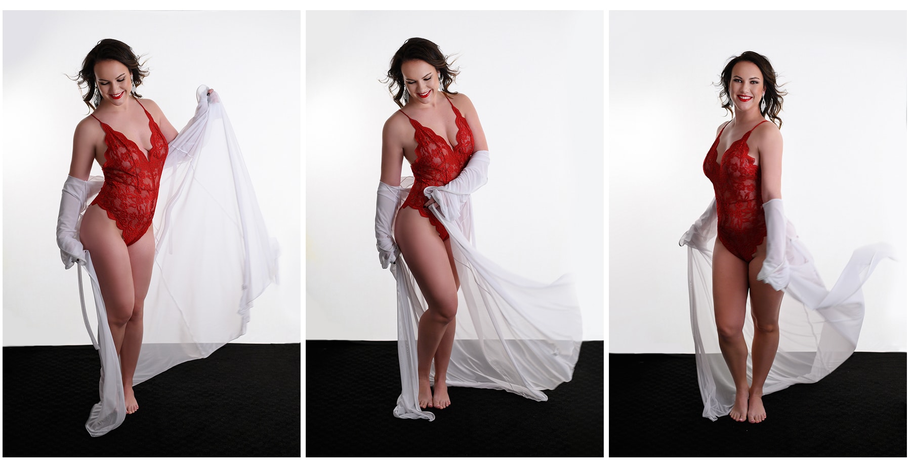 A woman wears a red teddy and an off-the-shoulder sheer robe while she dances during her boudoir session with Shannon Hemauer.