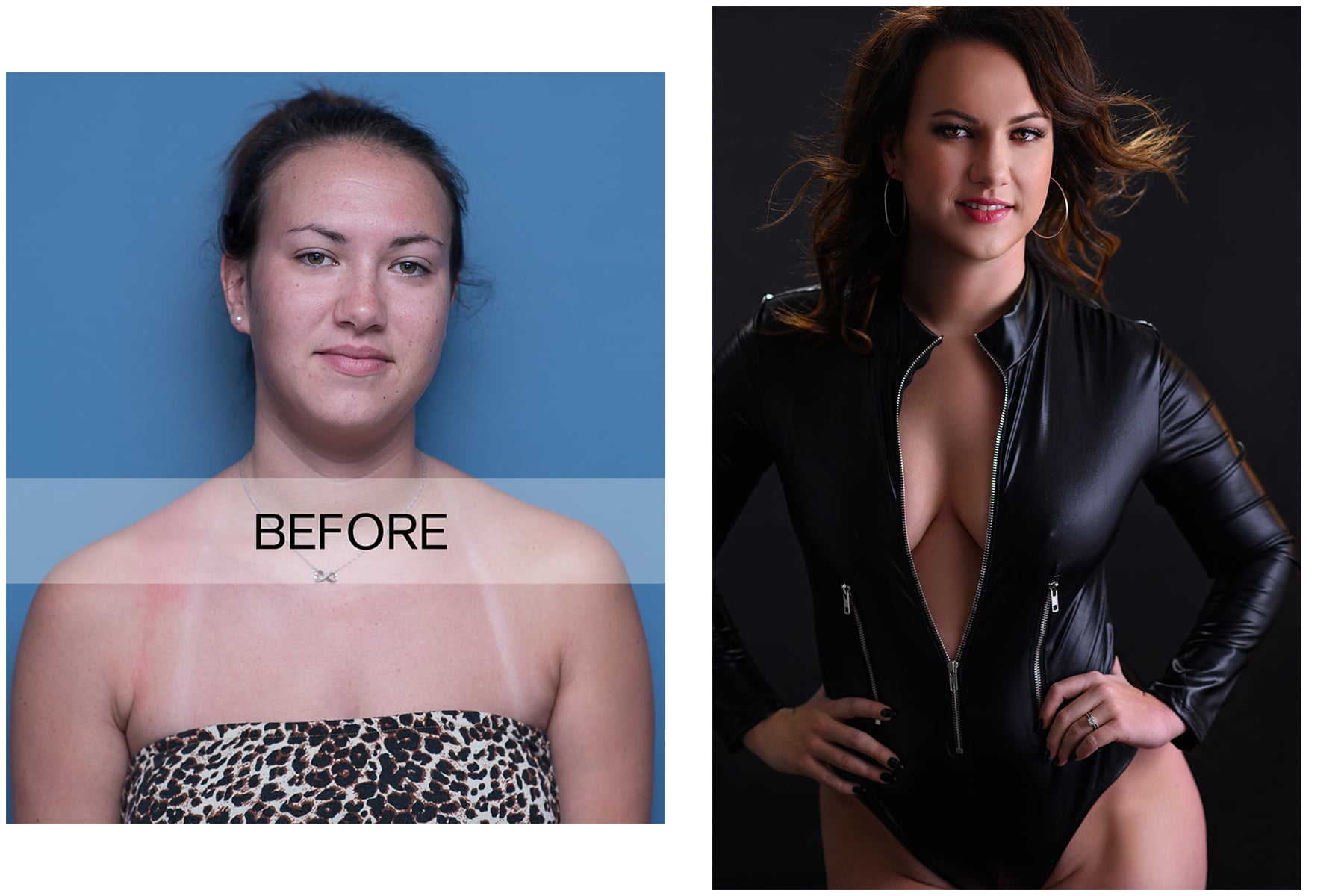 Photographer Shannon Hemauer displays a before and after photo of a client who did a boudoir photo shoot, demonstrating how important professional hair and makeup are to the final look.