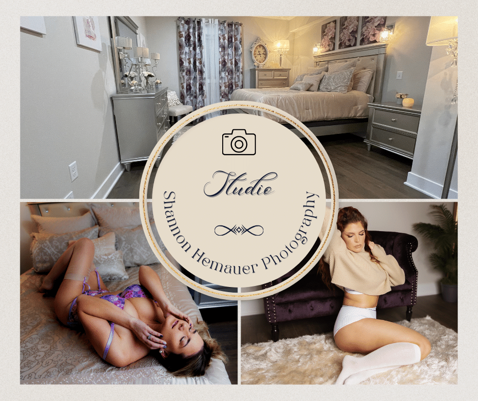 Two women pose in boudoir photographer Shannon Hemauer's studio in Dillsburg, Pennsylvania.